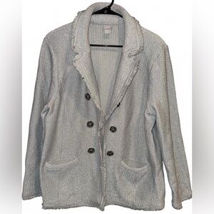 Sparkly Chico’s Metallic Silver Gray Tweed Sweater Blazer Frayed Edging Size 4